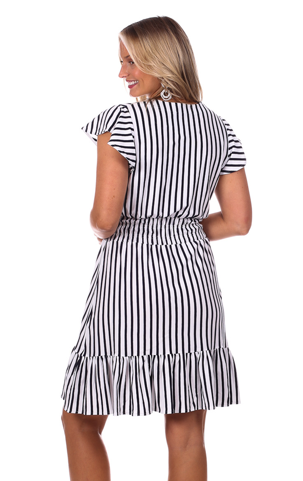 Back view of the Duffield Lane Leona Dress - White/Navy Stripe
