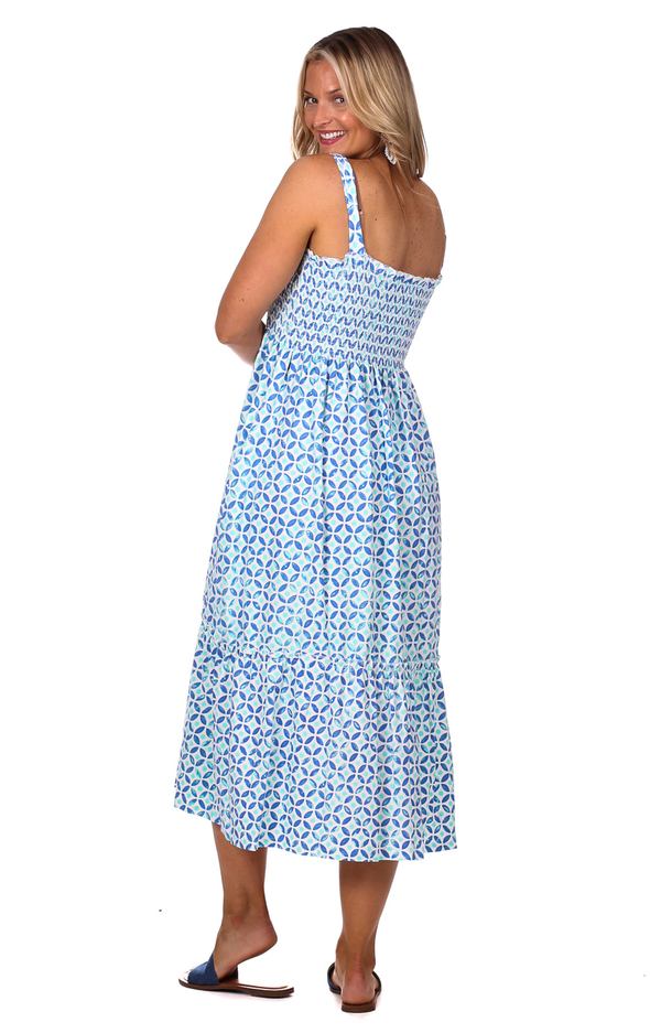 Back view of the Duffield Lane Marie Midi Dress - Tile Print