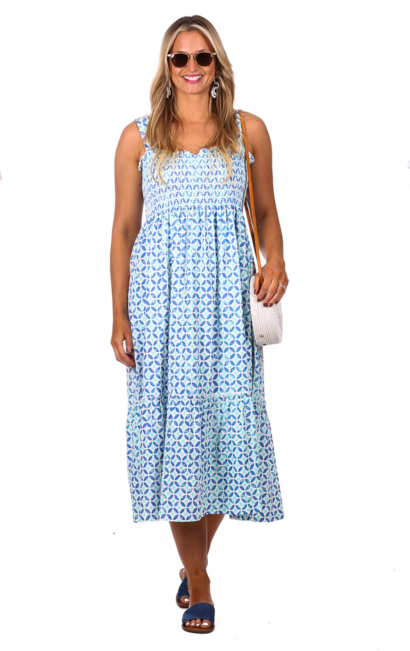 Full body view of the Duffield Lane Marie Midi Dress - Tile Print