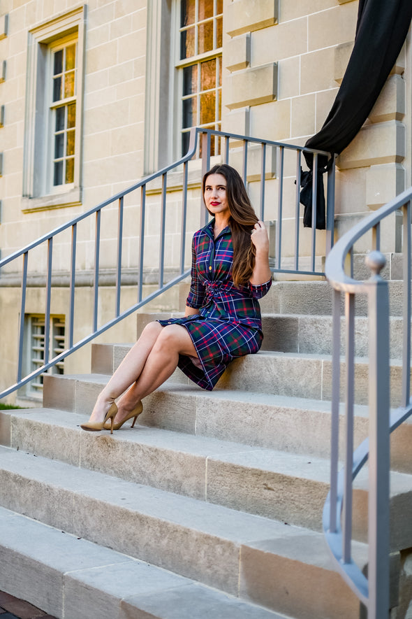 Sitting view of the Gretchen Scott Twist & Shout Dress - Balmoral Plaid