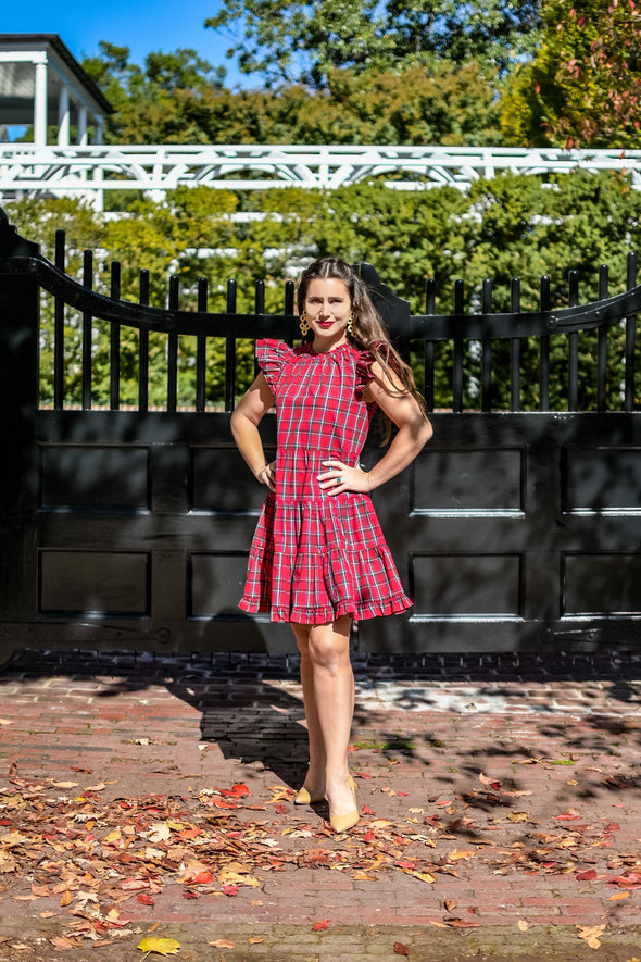 Full body view of the Sail To Sable Tartans Dress - Red Plaid