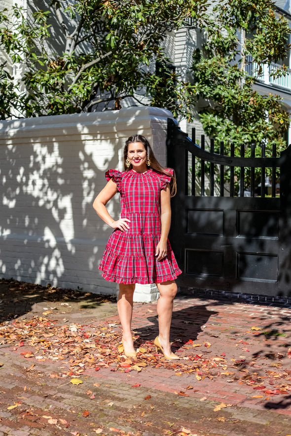 Full body view of the Sail To Sable Tartans Dress - Red Plaid