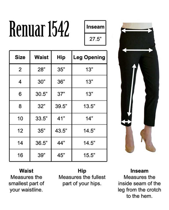 Size chart for the Renuar Ankle Pants Carbon