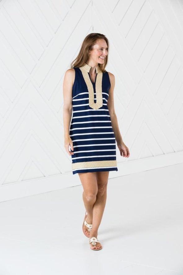 Full body view of Sail To Sable Sleeveless Classic Knit Tunic - Navy/White Stripe
