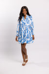 Front view of Sail to Sable Long Sleeve Flare Tunic Dress - Blue Vines