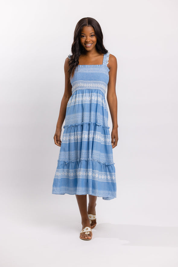 Full body view of Sail to Sable Jacquard Smocked Midi Dress - Blue/White