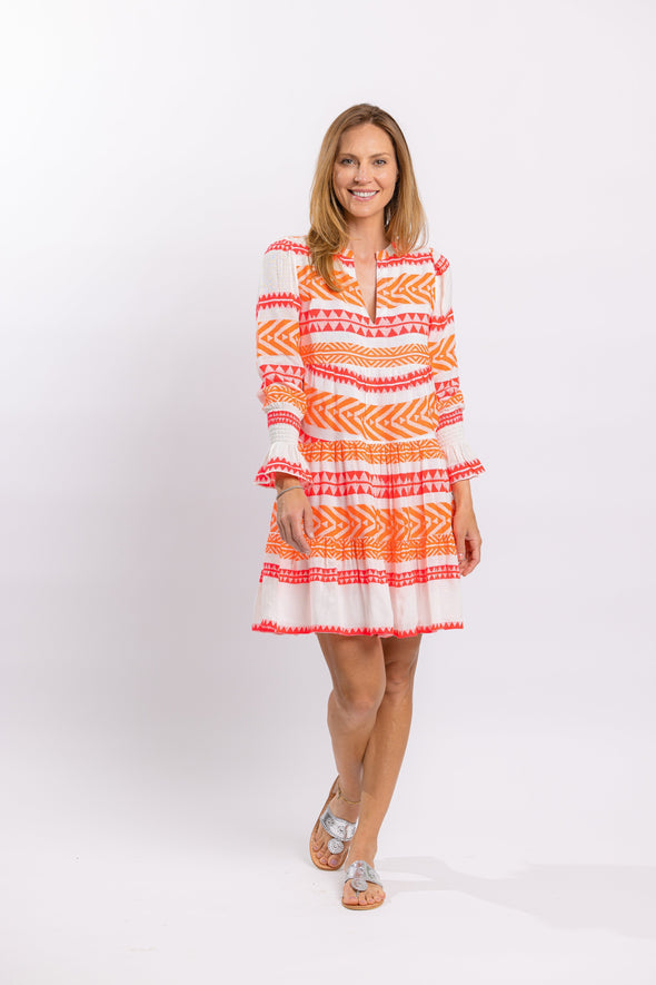 Sail to Sable Geo Stripe Long Sleeve Tunic Dress - Pink/Orange
