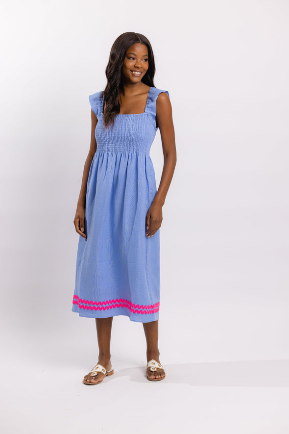 Full body view of Sail to Sable Square Neck Flutter Sleeve Midi Dress - Hydrangea