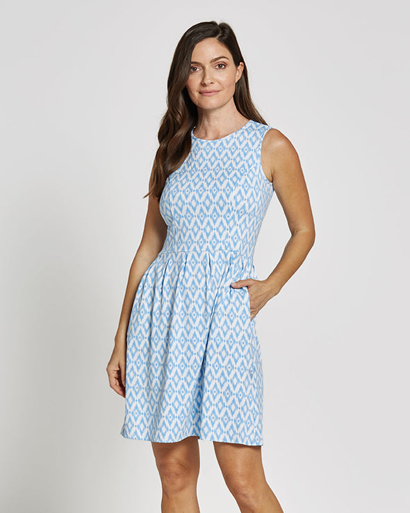 Front view of Jude Connally Rachel Dress in Ikat Diamond Peri