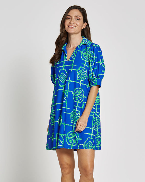 Front of Jude Connally Emerson Dress in Bamboo Lattice Cobalt/Grass