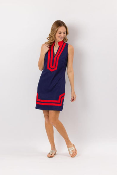 Full body view of Sail to Sable Sleeveless Classic Tunic Dress - Navy/Red
