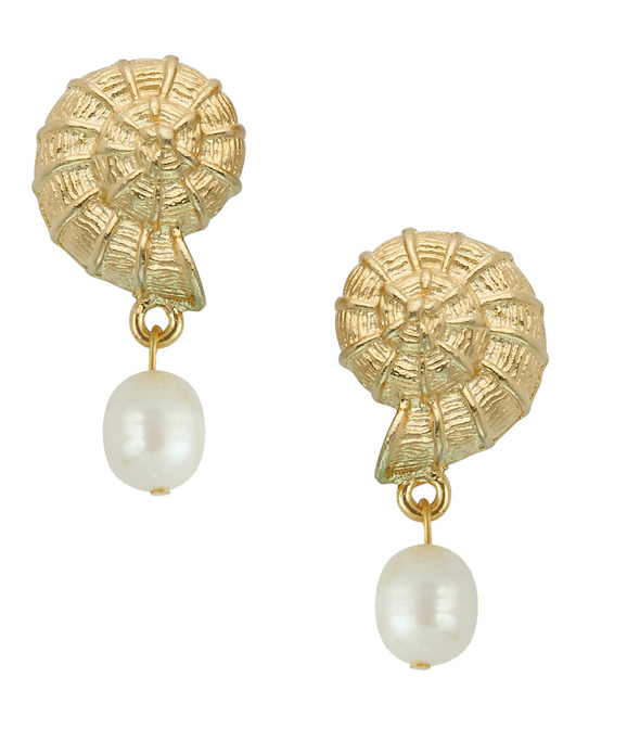 Flat view of the Susan Shaw Gold Shell Pearl Earrings
