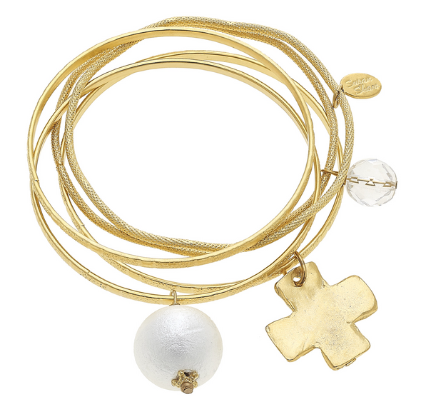 Flat view of the Susan Shaw Bangle Set with Pearl and Gold Cross