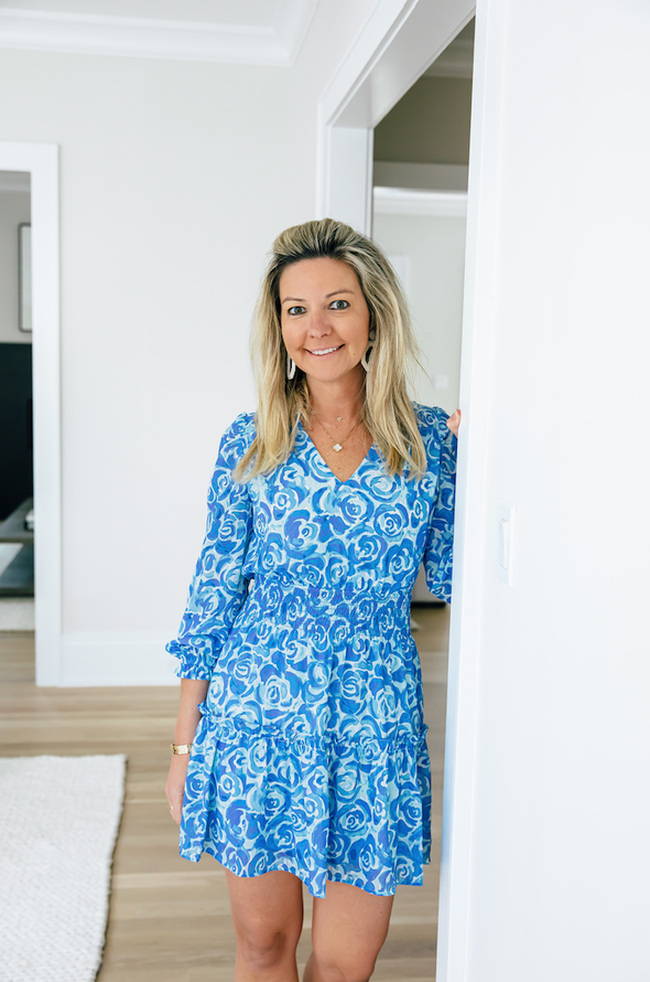 Front view of Sail to Sable Long Sleeve Smocked Waist Dress - Blue Rose