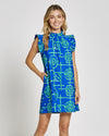 Front view of Jude Connally Shari Dress in Bamboo Lattice Cobalt/Grass