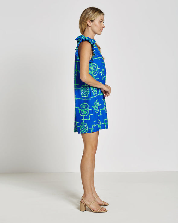 Side view of Jude Connally Shari Dress in Bamboo Lattice Cobalt/Grass