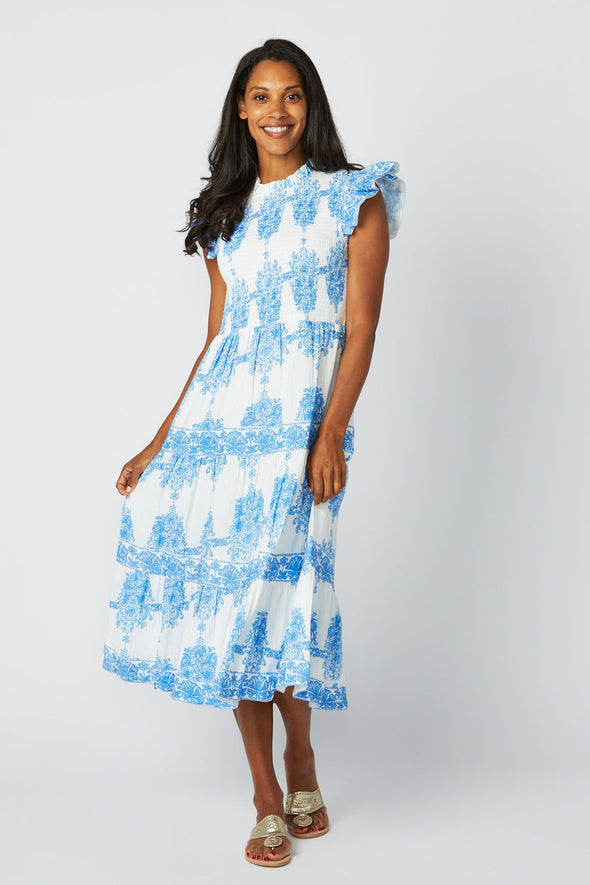 Full body view of Sail To Sable Flutter Sleeve Smocked Midi Dress - Block Print