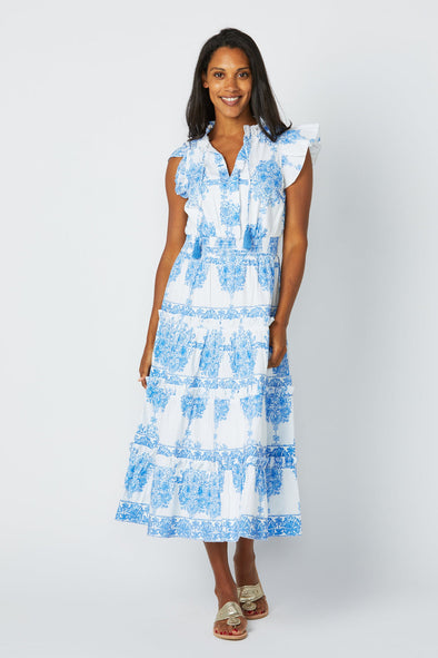 Full body view of Sail to Sable Flutter Sleeve Midi Dress - Block Print