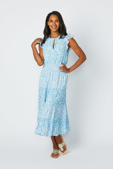 Front view of the Sail to Sable Flutter Sleeve Midi Dress - Blue Multi