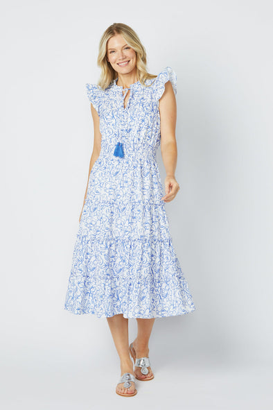 Full body view of Sail to Sable Flutter Sleeve Midi Dress - Floral Vine