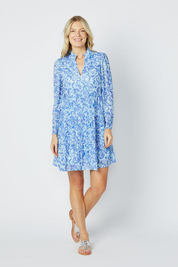 Front view of Sail to Sable Long Sleeve Tunic Flare Dress - Blue Rose