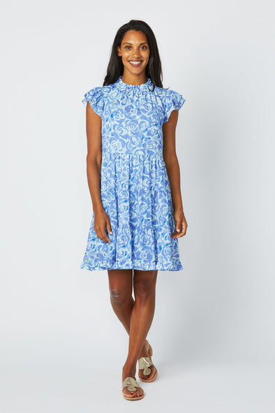 Full body view of Sail to Sable Flutter Sleeve Dress - Blue Rose
