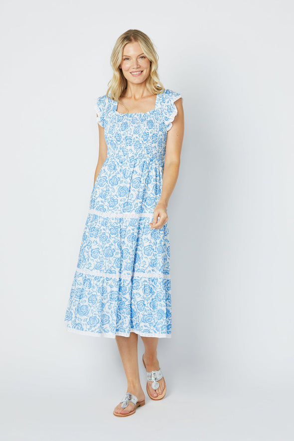 Full body view of Sail to Sable Flutter Sleeve Smocked Midi Dress - Blue Rose