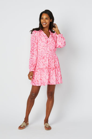 Front view of Sail to Sable Long Sleeve Smocked Waist Dress - Pink Rose