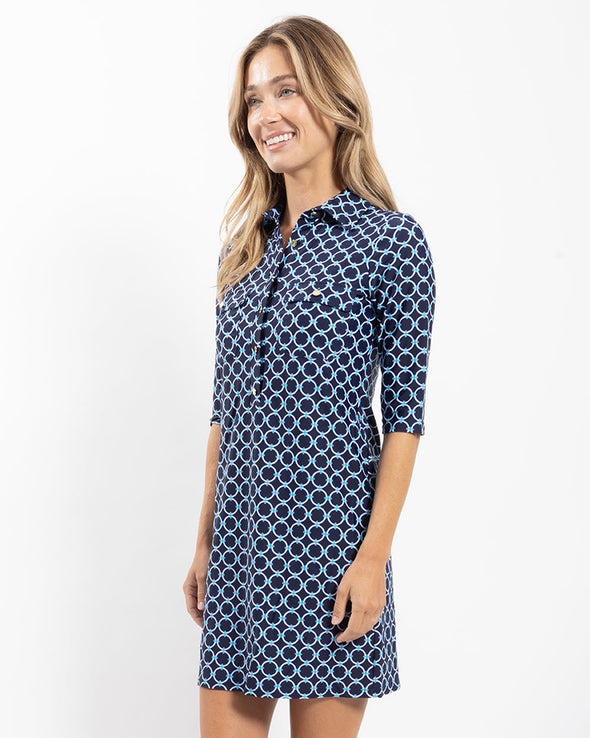 Close side view of Jude Connally Sloane Dress Circle Geo in Navy