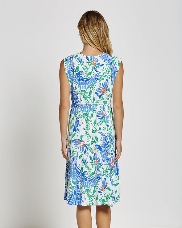Back view of Jude Connally Tess Midi Dress in Whimsy Parrot White