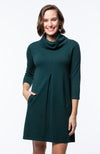 Front view of happy model in the Tyler Böe Kim Cowl Dress - Pine Cotton Cashmere