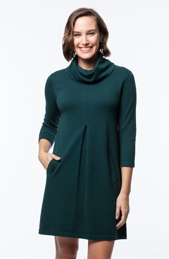 Front view of happy model in the Tyler Böe Kim Cowl Dress - Pine Cotton Cashmere
