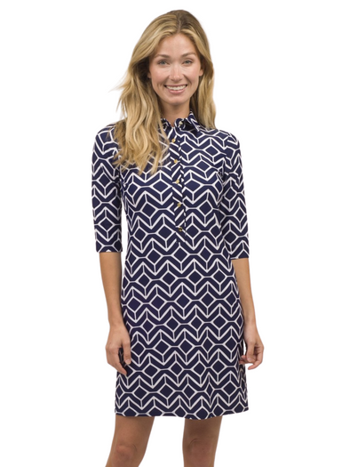 Front view of Jude Connally Susanna Dress in Sail Geo Navy