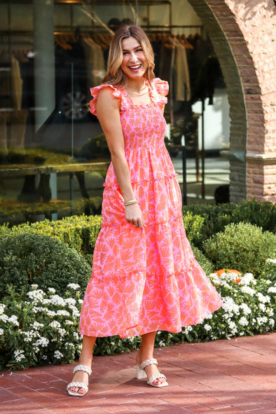 Outdoor model in the J. Marie Andi Ruffle Strap Midi Dress