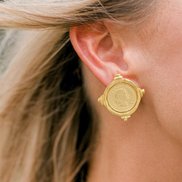 Model in the Susan Shaw Gold Coin Stud Earrings