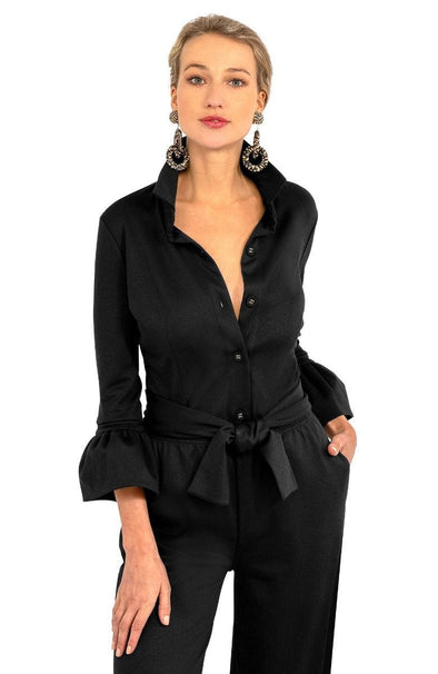 Front view of the Gretchen Scott Priss Ponte Blouse - Uptown Girl Black