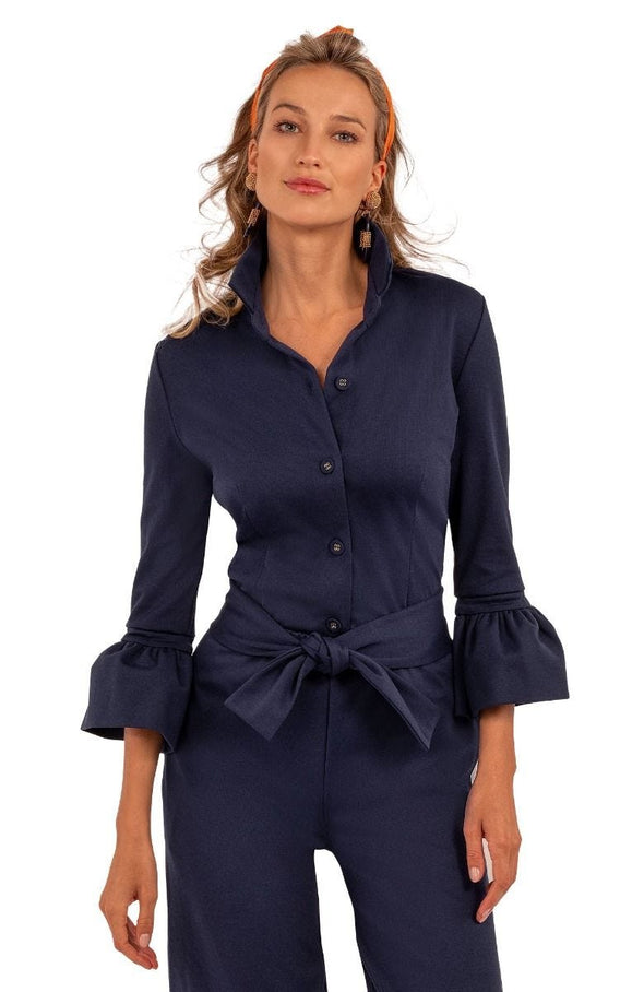 Front view of the Gretchen Scott Priss Ponte Blouse - Uptown Girl Navy