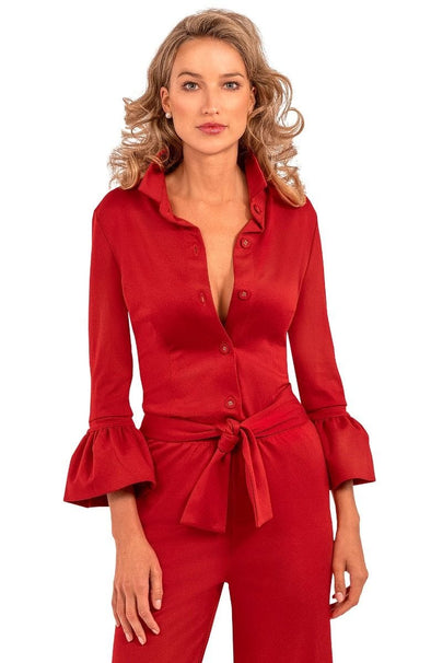 Front view of the Gretchen Scott Priss Ponte Blouse - Uptown Girl Red