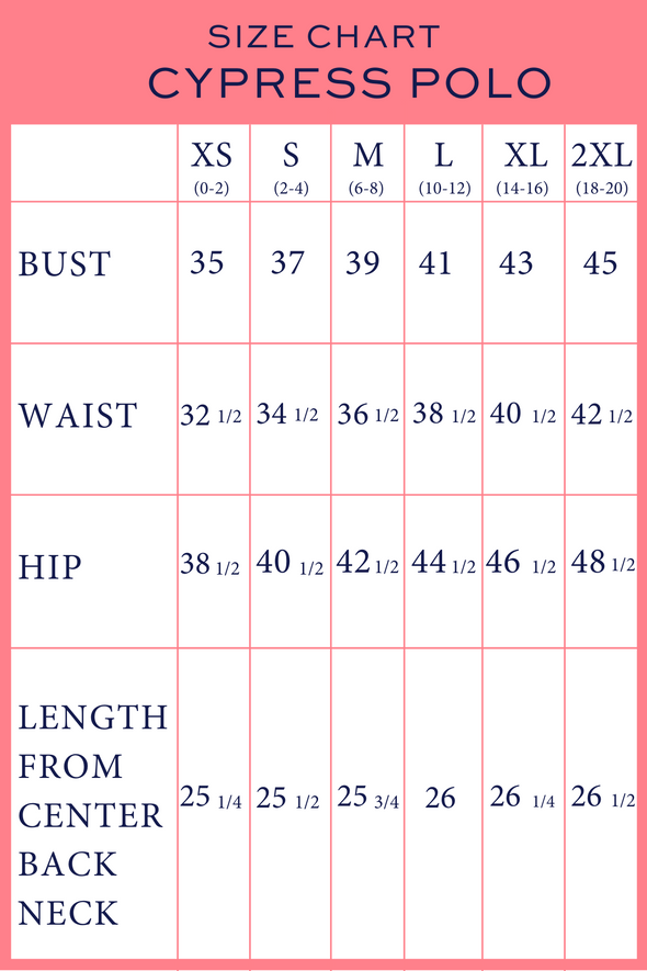 Size chart for the Katherine Way Cypress Polo - Red