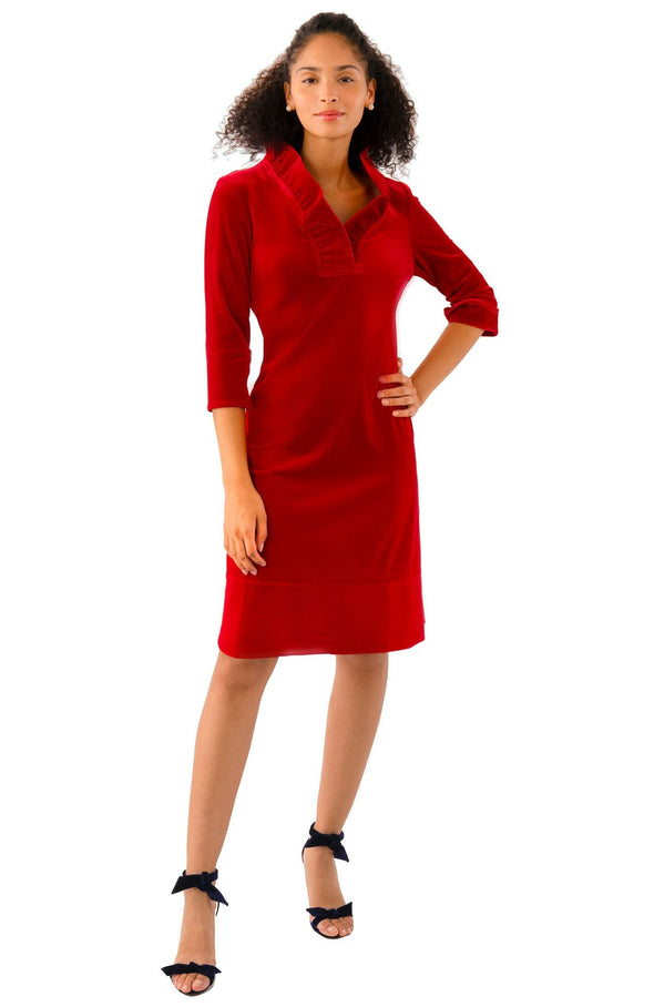 Front view of the Gretchen Scott Ruff Neck Dress - Silky Velvet - Red