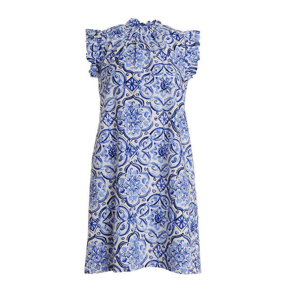 Jude Connally Shari Dress in Painted Tile Cobalt on white background