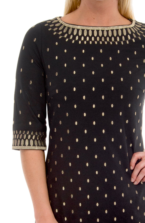 Close up front view of Gretchen Scott Rocket Girl Dress in Black/Gold