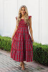 Front view of the J. Marie Rayna Ruffle Strap Midi Dress - Red Mini Gingham