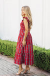 Side view of the J. Marie Rayna Ruffle Strap Midi Dress - Red Mini Gingham