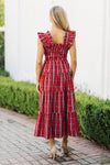 Back view of the J. Marie Rayna Ruffle Strap Midi Dress - Red Mini Gingham