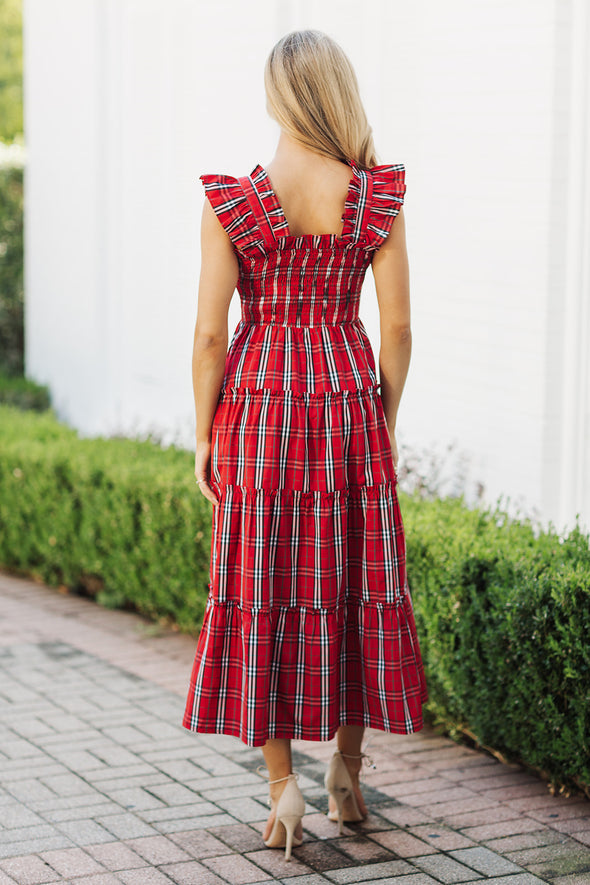 Back view of the J. Marie Rayna Ruffle Strap Midi Dress - Red Mini Gingham