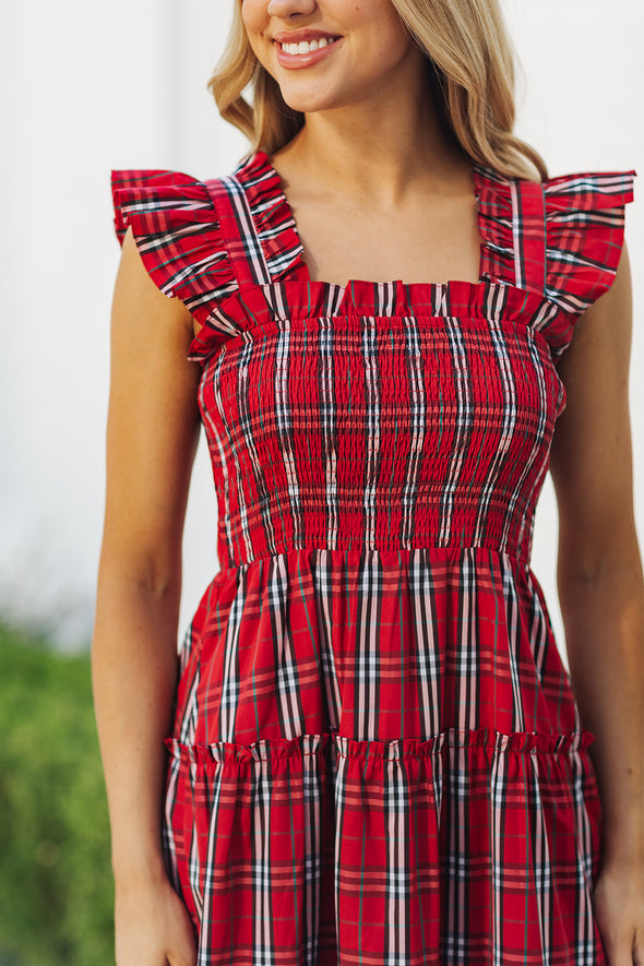 Details of the J. Marie Rayna Ruffle Strap Midi Dress - Red Mini Gingham