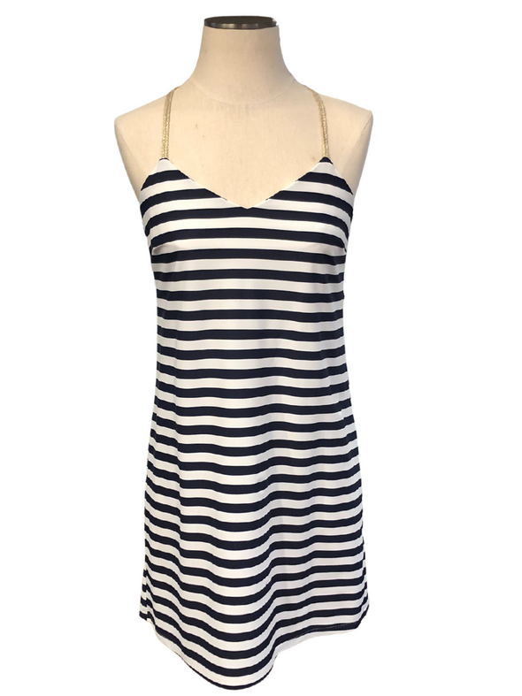 Jude Connally Bailey Dress in Stripe Navy on mannequin