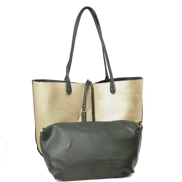 Vegan Leather Reversible 2-in-1 Tote Bag - Olive/Gold
