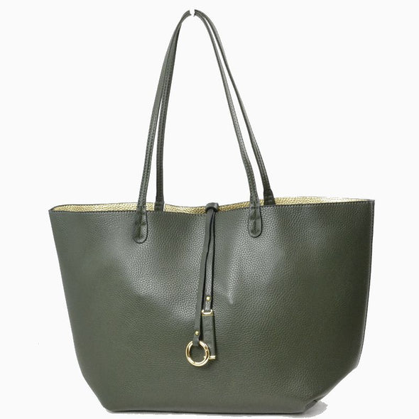 Vegan Leather Reversible 2-in-1 Tote Bag - Olive/Gold